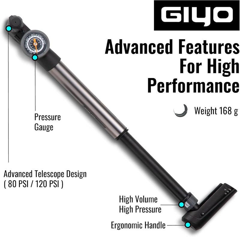 Giyo Mini Bike Pump with Gauge 2 Stage HP/HV 120 PSI Schrader & Presta Bike Tire Pump | Easy Inflation for Road & MTB | Frame Mount Included | Taiwan Made (GP-993) - Image 4